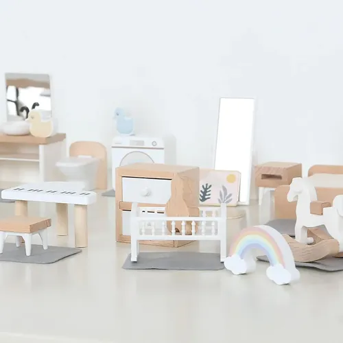 Moderne Puppenhaus Holz möbel Dekoration Set DIY Badezimmer Schlafzimmer Puppen Haus Küche Artikel