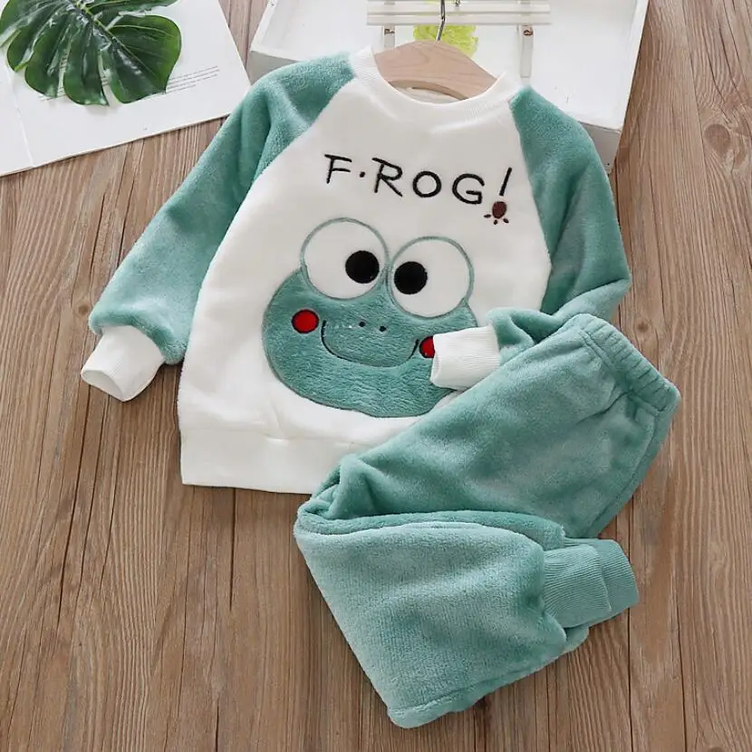 Baby Mädchen Kleidung Set Plüsch Flanell Cartoon Pullover Pullover + Hose Herbst Winter Kinder 2Pcs Outfit Jungen Trainingsanzug Casual anzug Image