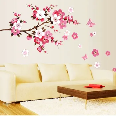 1pc rosa entfernbare Pfirsich pflaume Kirschblüte Blume Schmetterling Vinyl Kunst Aufkleber Wand Home Aufkleber Raum dekor Image