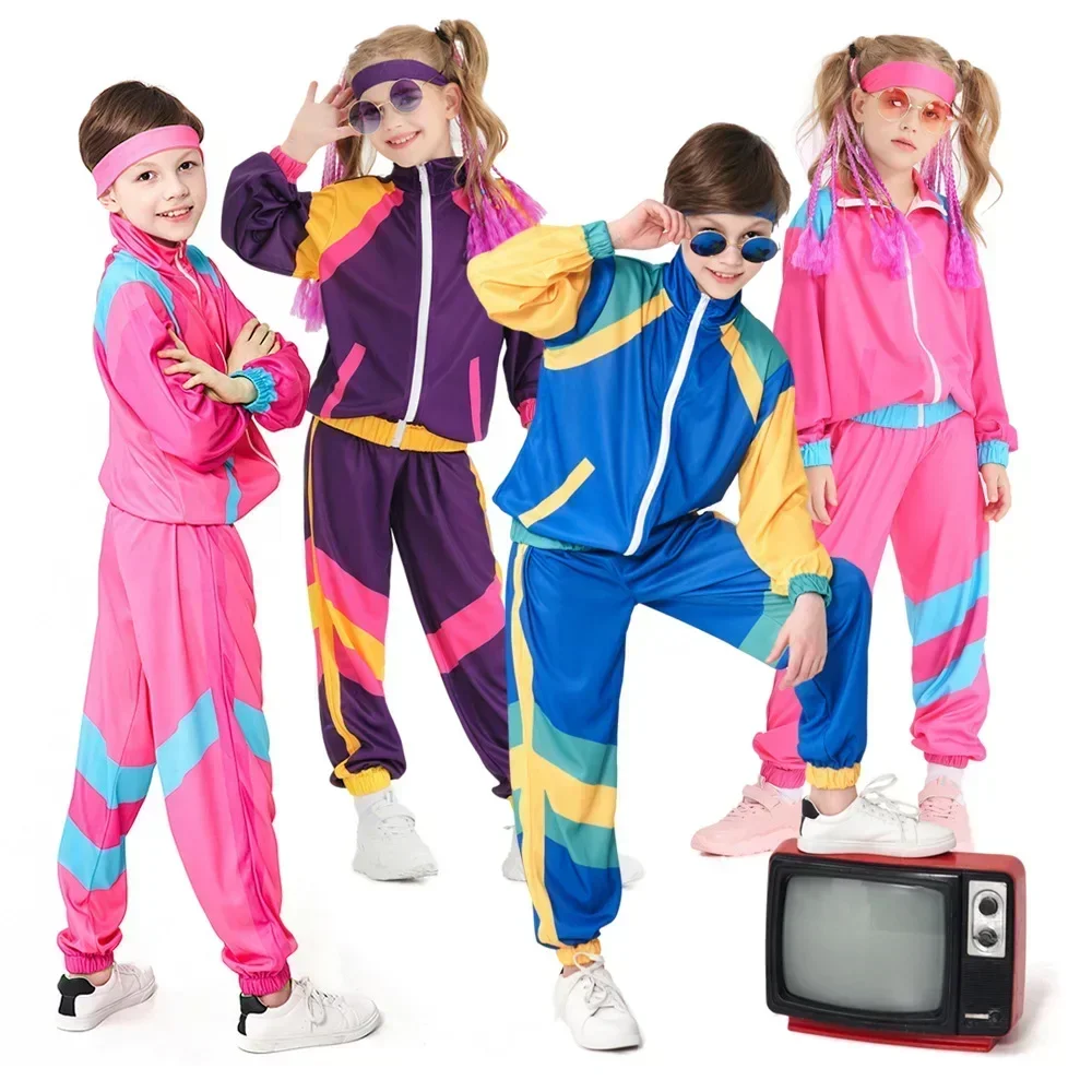 Jungen und Mädchen 80er Jahre Trainingsanzug Kinder Hip Hop Kostüm Top Hosen Sets Outfit Retro Disco Dance Sportbekleidung Blau Rosa Baseball Uniform