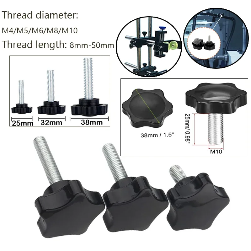 5 Stück/10 Stück Kopfdurchmesser 25 mm 32 mm 38 mm Sechskant-Sternknopf Außengewinde Klemmknopfschrauben M4/M5/M6/M8/M10 Handfest Entriegelungsschrauben Image