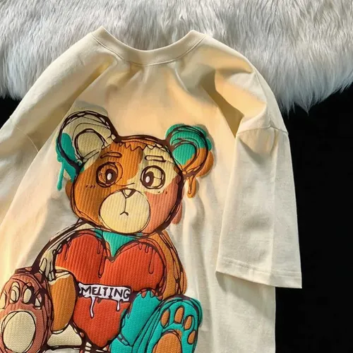 Retro-Graffiti-Teddybär aus reiner Baumwolle mit kurzen Ärmeln für Männer und Frauen