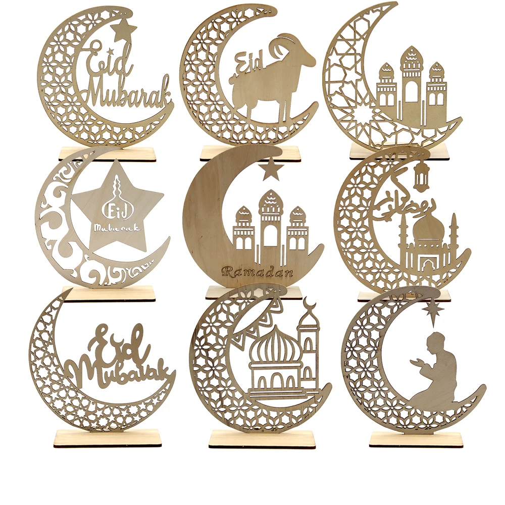 2 Sätze Eid Mubarak Holz schmuck ausgehöhlte Tempel Stern Geschenk für Ramadan Kareem Tisch dekoration islamische Musselin Party liefert Image
