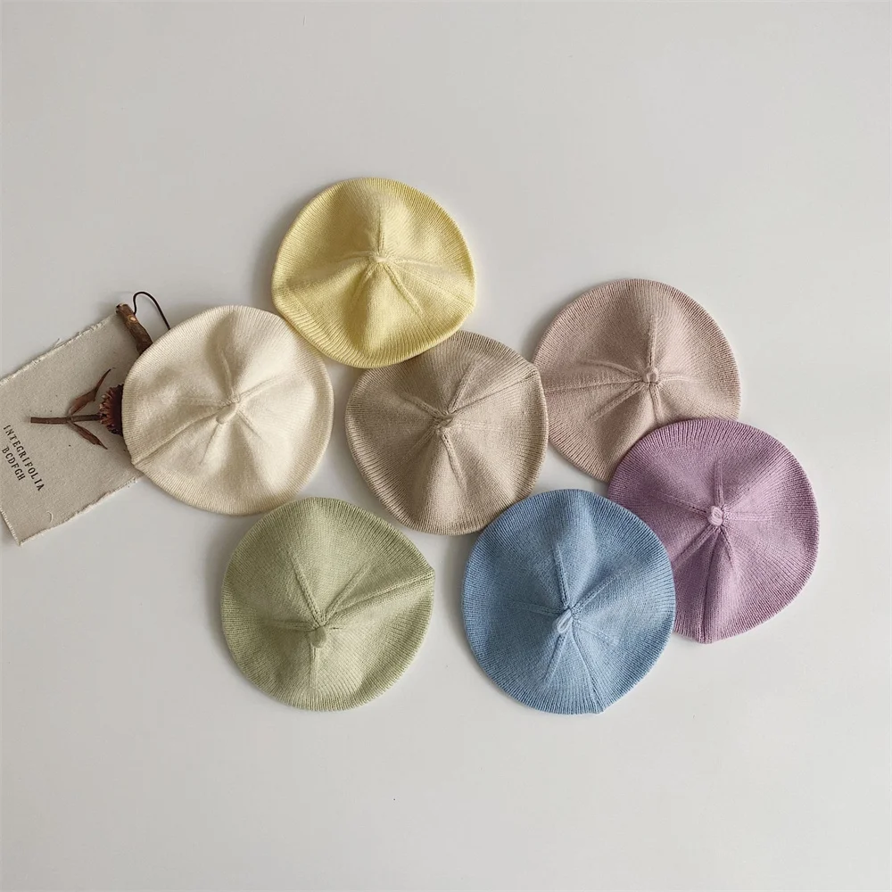 Mode Baby Gestrickte Mütze Hut Einfarbig kinder Warme Hüte Herbst Winter Maler Kappe Für Mädchen Kinder Motorhaube Zubehör Image