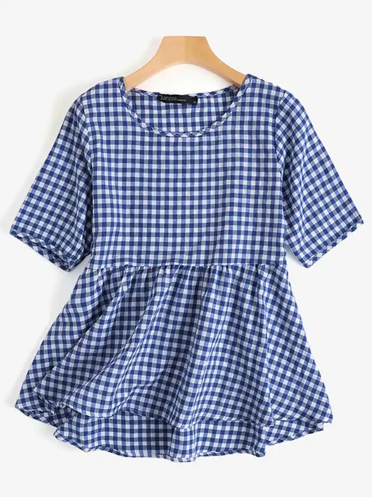 Zanzea Frauen Plaid Bluse Sommer Tops übergroße Falten hemden Vintage Patchwork A-Linie Tuniken lässig lose O-Ausschnitt Blusa Image