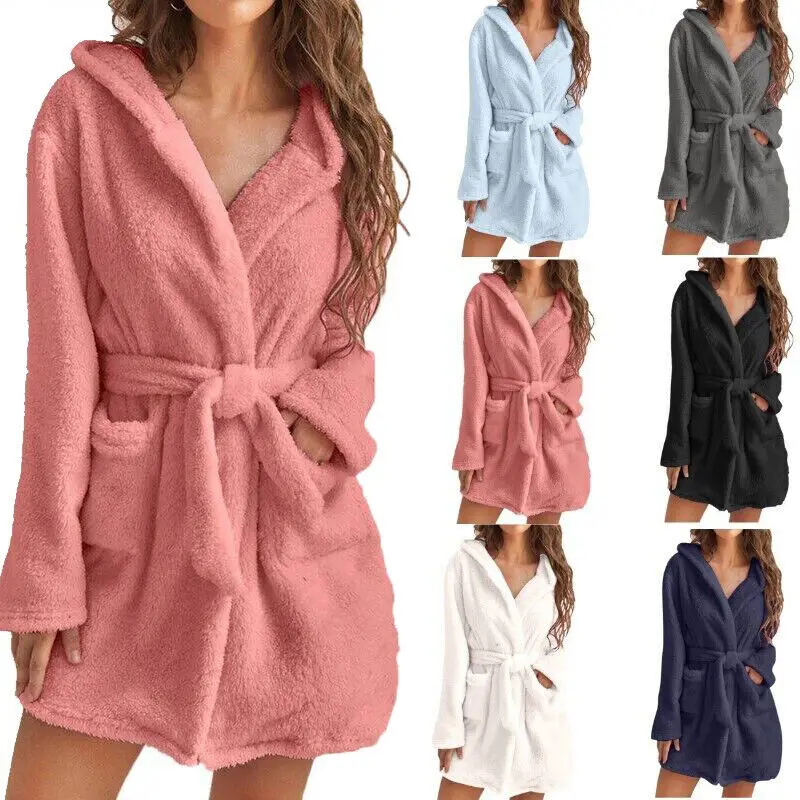 Frauen Bademantel Winter flauschige Plüsch Pyjamas Damen sexy Kapuze Dressing einfarbig Kleid warmen Bademantel weibliche Kleidung zu Hause Image