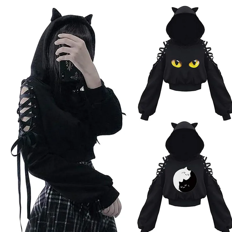 Frauen Langarm Hoodies Kawaii Katze Ohren Hoodie Gothic Punk Harajuku Kalten Shouler Verband Gothic Schwarz Sweatshirts