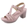 Siketu Marke offene runde Zehen Sandalen Frauen blockieren hohe klobige Ferse Huf elegante Schnalle Knöchel T-Riemen Nähgarn Plattform rosa 42