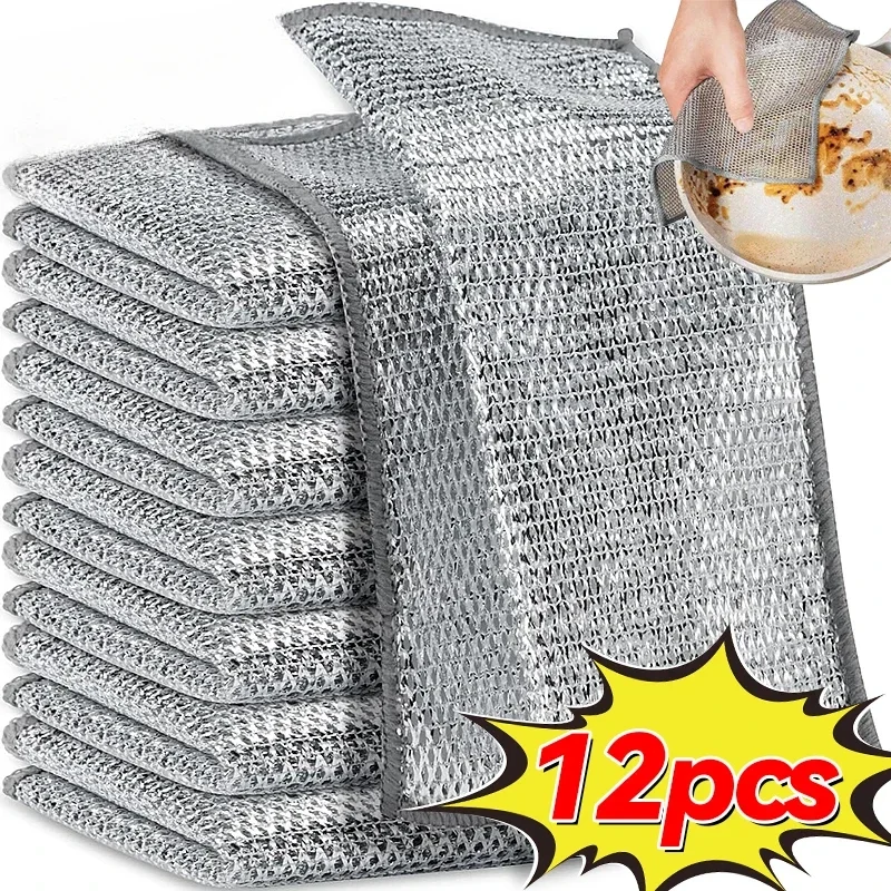 12/1 stücke Magie Reinigung Tuch Verdickt doppelseitige Metall Stahl Draht Lumpen Küche Dish Topf Waschen Tücher Handtuch saubere Werkzeuge Image