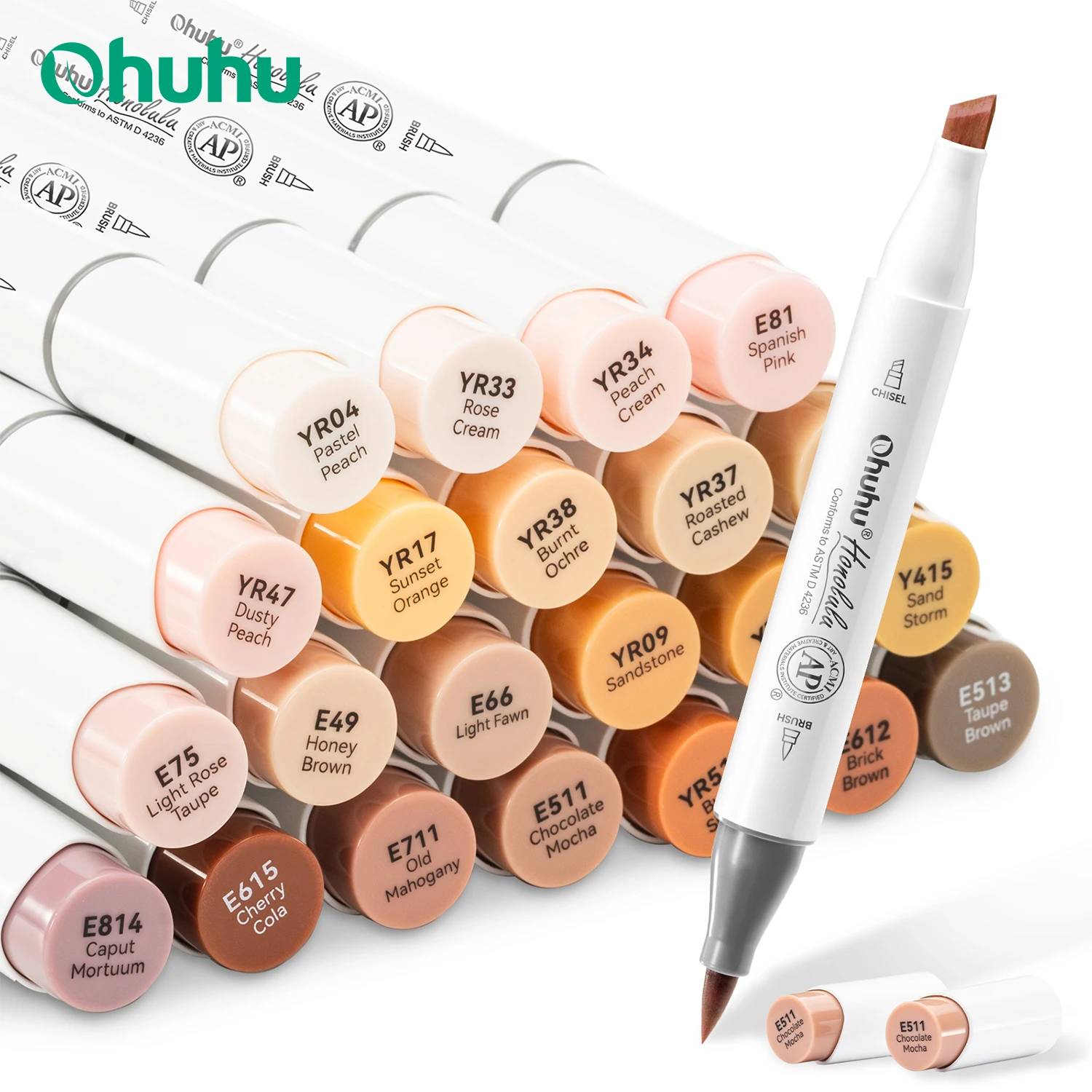 Ohuhu Honolulu Markierungsstift-Set in 24 Hautfarben, Alkohol-Kunstmarker, nachfüllbar, Doppelspitzen, Skizzieren, Zeichnen, Schule, Kunstbedarf Image