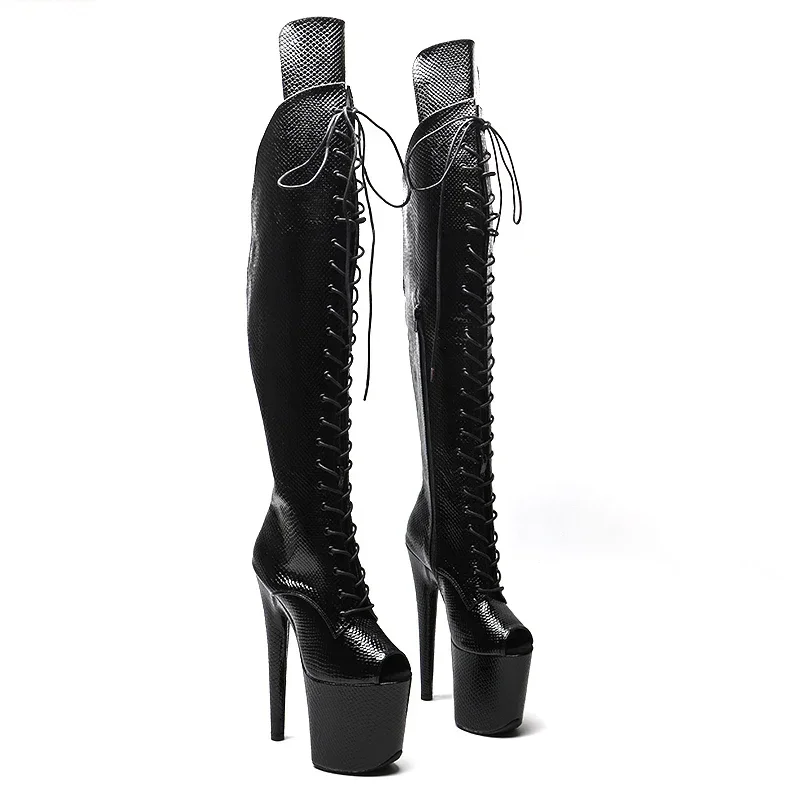 Leecabe 20 cm/8 Zoll Schlangenobermaterial mit offenem Zehenbereich, trendige Mode, High-Heel-Plateaustiefel, Pole-Dance-Stiefel Image