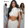 Beyprern Kim Kardashians schiere weiße Strick zweiteilige Kleid elegante durchsichtige Pullover Crop
