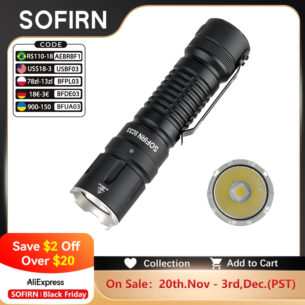 Sofirn SC33 XHP70.3 HI LED 21700 wiederaufladbare taktische Taschenlampe 5200 lm USB C mit Schwanz E-Schalter Außenleuchte