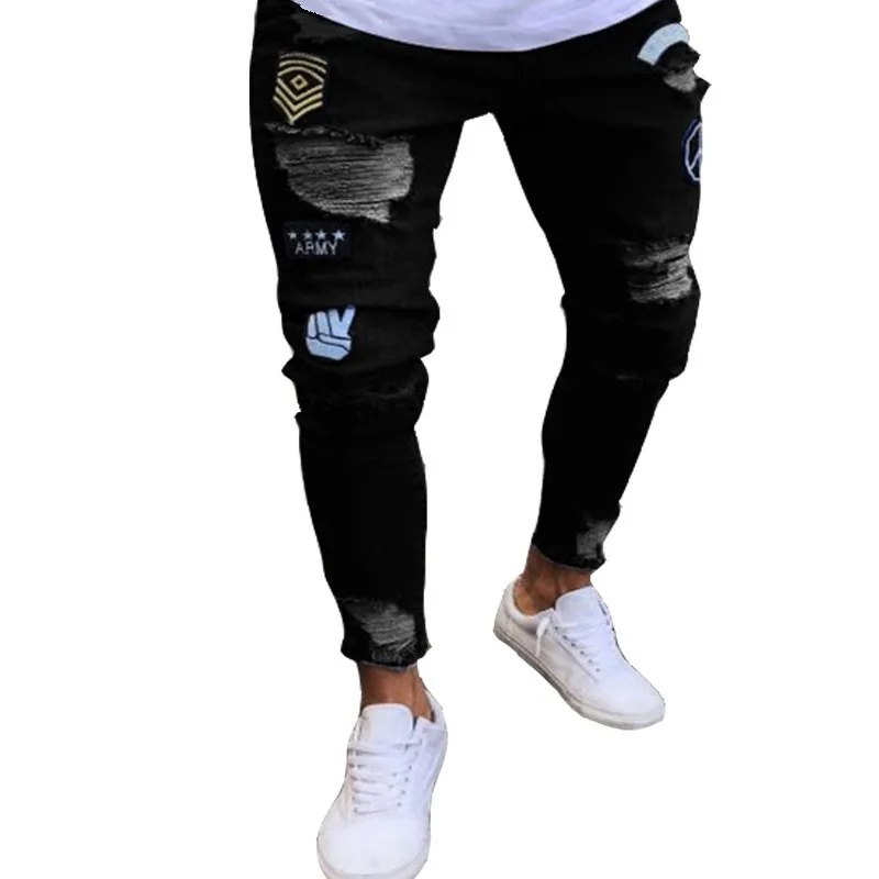 Männer Stretchy Ripped Skinny Biker Stickerei Cartoon Print Jeans Zerstört Loch Slim Fit Denim Hohe Qualität Hip Hop Schwarze Jeans