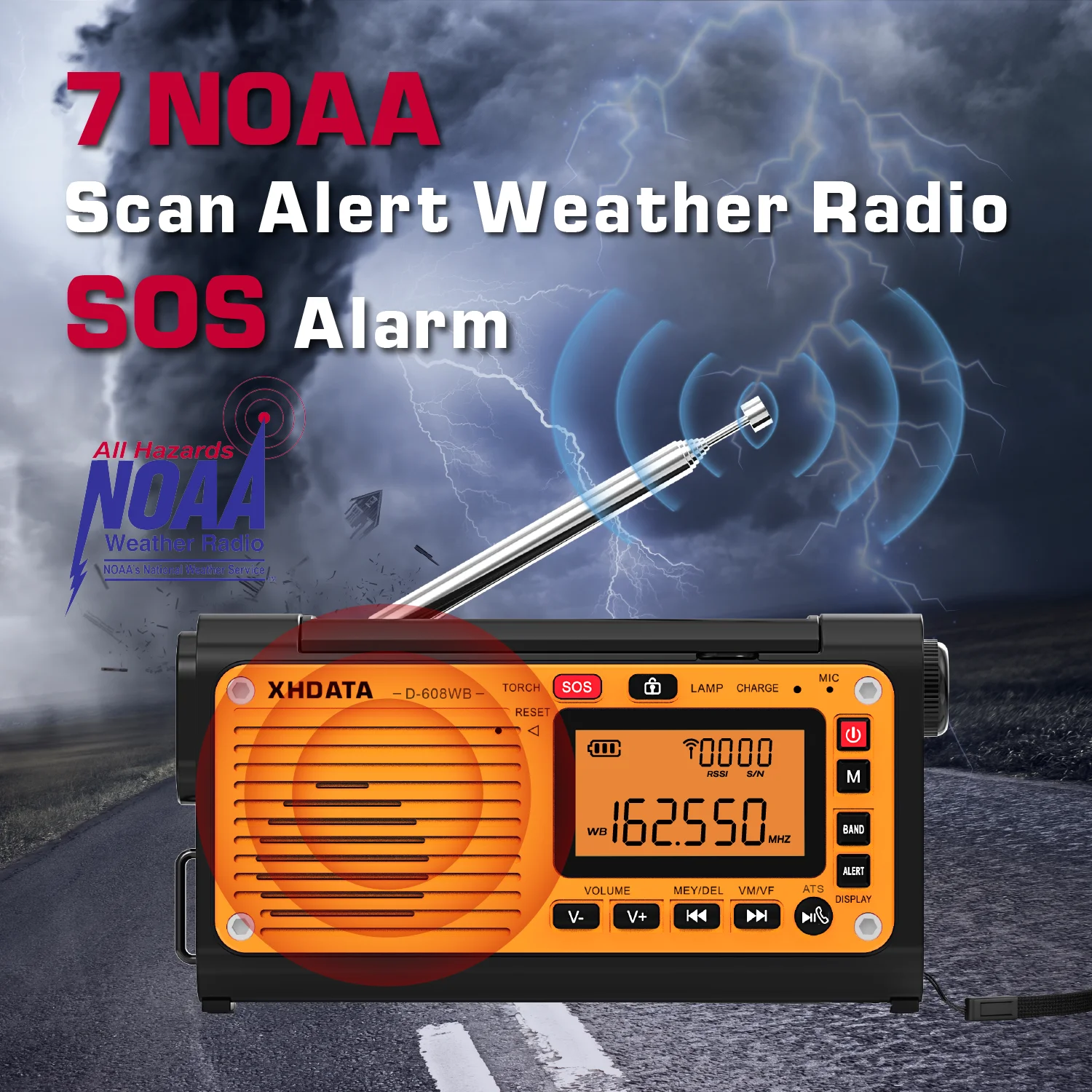 XHDATA D-608WB Notfall-Wetterradio mit Kurbel, FM/AM/SW/NOAA-Alarm, tragbares Radio mit Telefonladegerät, Bluetooth, batteriebetrieben