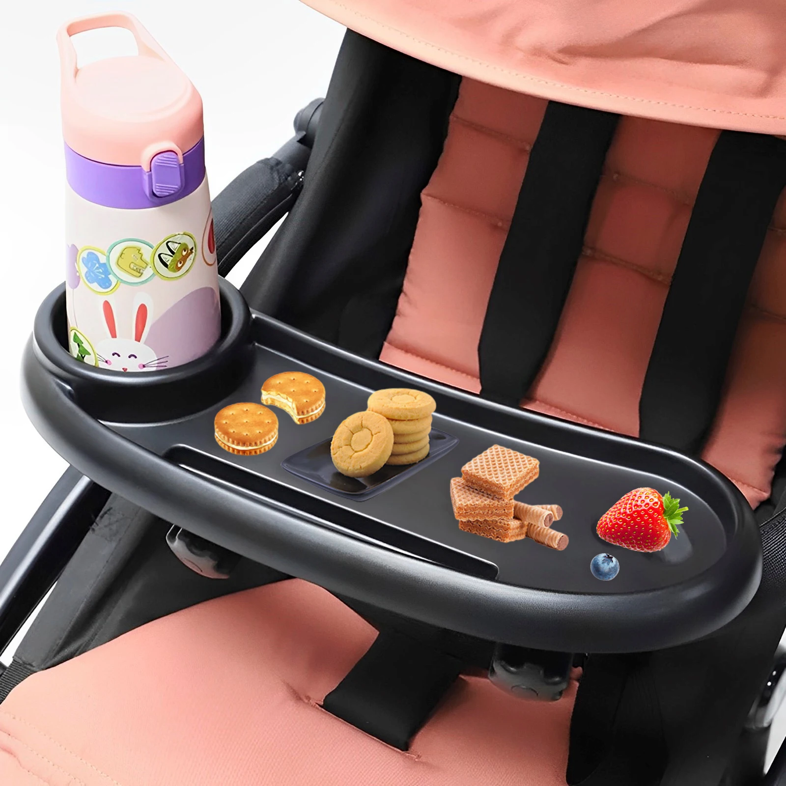 Kinderwagen-Snack-Tablett, abnehmbares Baby-Kinderwagen-Lebensmitteltablett mit Getränkehalter, Kinderwagen-Snack-Halter mit verstellbarer Schnalle und Haken Image