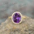 Oval Cut Natural Amethyst Engagement Ring Solid 18K Yellow Gold Moissanite Cluster Purple Gemstone Anniversary Gifts