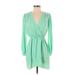 Honey Punch Casual Dress - Mini Plunge Long sleeves: Green Print Dresses - Women's Size Small