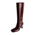 Womens Leahter Ankle Boots Winter Knee High Boots Warm Plush Long Boots Square Head High Heel Ladies Riding Boots Zip Up Leahter Warm Snow Boots Non-Slip Sole (Red 2.5 UK)