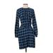 Draper James Casual Dress - Shirtdress High Neck Long sleeves: Blue Grid Dresses - Women's Size 4