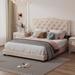 Modern Plush Velvet Upholstered Bed Wood Slat Platform Bed Frame, Tufted Headboard with Rivet Design, No Box Spring Needed