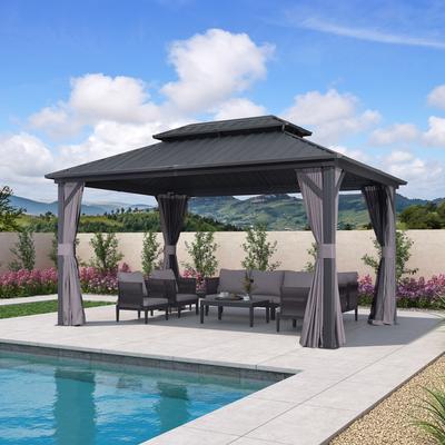 PURPLE LEAF Gazebo Outdoor Gazebo with Dual-Layer Galvanized Steel Double Roof Aluminum Gazebo with Netting and Curtains Grey
