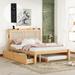 Full/Queen Size Elegant Bed Frame with Trundle, 2 Drawers and LED Light, Wood Platform Bed with Rattan Headboard and Sockets