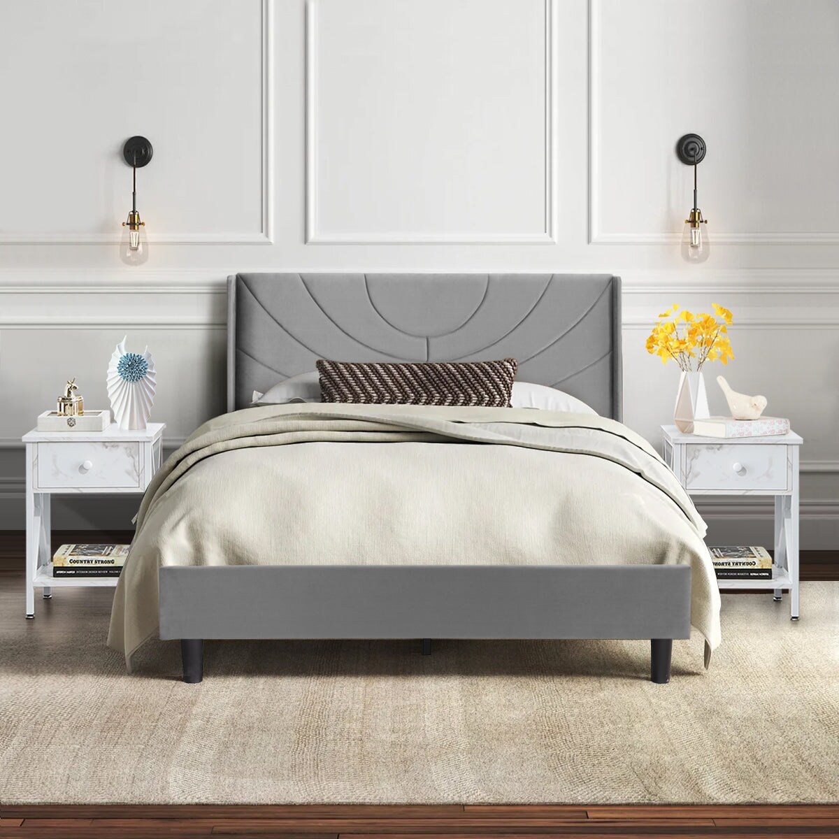 VECELO Bedroom Sets, 3-pieces Bedroom Set with Height Adjustable Upholstered Bed and Nightstands Set of 2