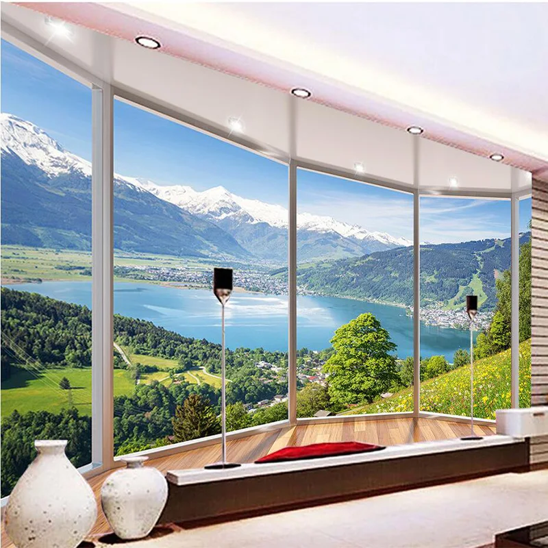 Benutzerdefinierte 3D Wandbild Tapete Moderne Kreative Balkon Französisch Fenster Natur Landschaft Foto Tapeten Wohnzimmer Schlafzimmer Wohnkultur