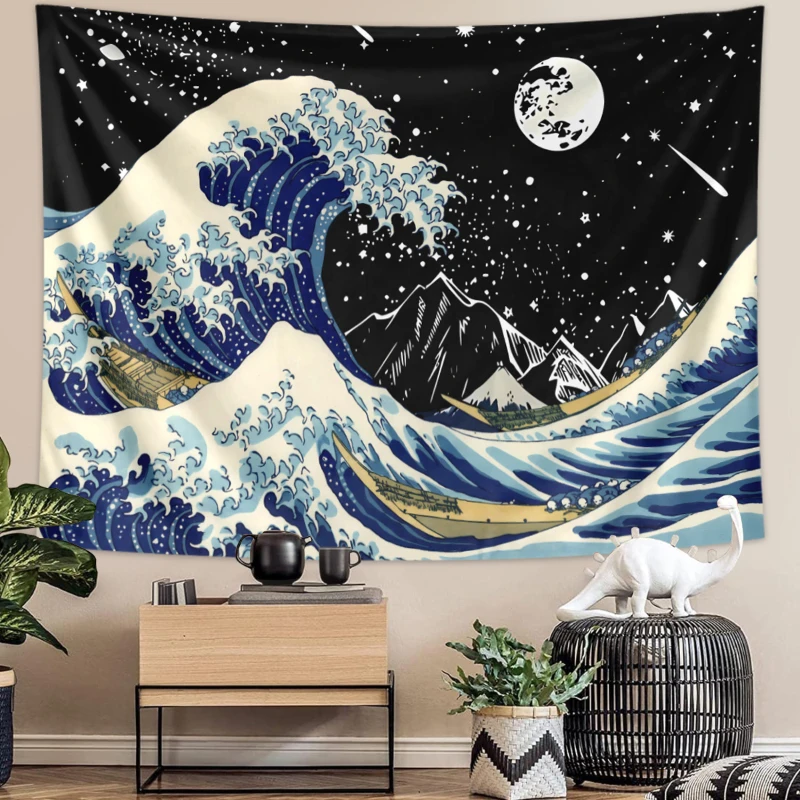 1PC Ocean Wave, Sternenhimmel, Mondteppich, Ukiyo-e Retro Surf Wandteppich, Schlafzimmer, Wohnzimmer, Heimdekoration Wandbehang Image