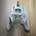 Irregular Rhinestone Tassel Denim Jacket Fashion Short Front Back Long Loose Long-sleeved Top New