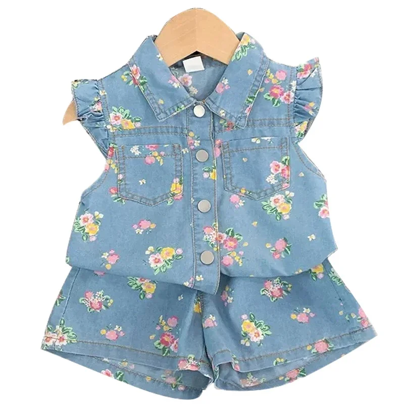 2PCS Koreanischen Stil Kinder Ärmellose Blumen Weste Top + Denim Shorts Outfits Sommer Baby Mädchen Kleidung Geburtstag Blume Drucken anzüge Image