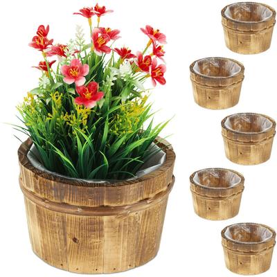 Holz Blumentopf, 6er Set, Garten Deko zum Bepflanzen, Balkon und Fensterbank, HxD: 10 x 16 cm,