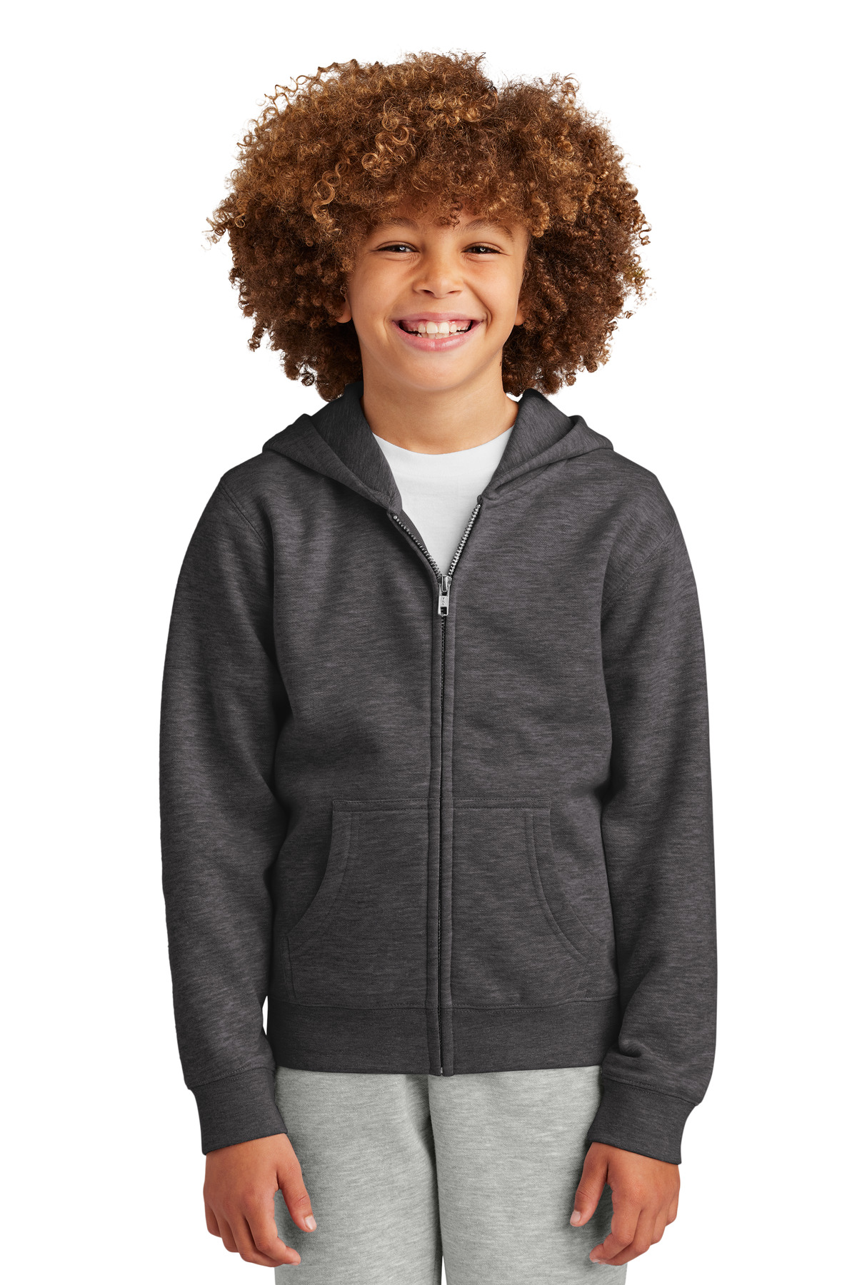 District DT6102Y Youth V.I.T. Fleece Full-Zip Hoodie in Heather Charcoal size Small | Cotton/Polyester Blend