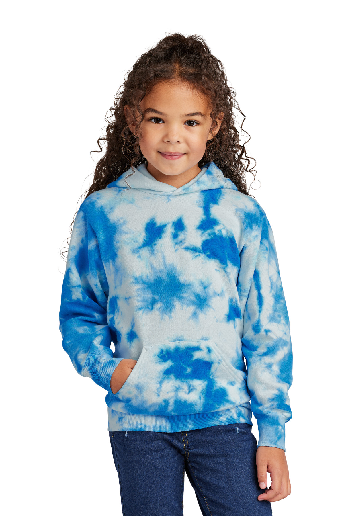 Port & Company PC144Y Youth Crystal Tie-Dye Pullover Hoodie in True Royal Blue size Large | 80/20 cotton/Polyester blend
