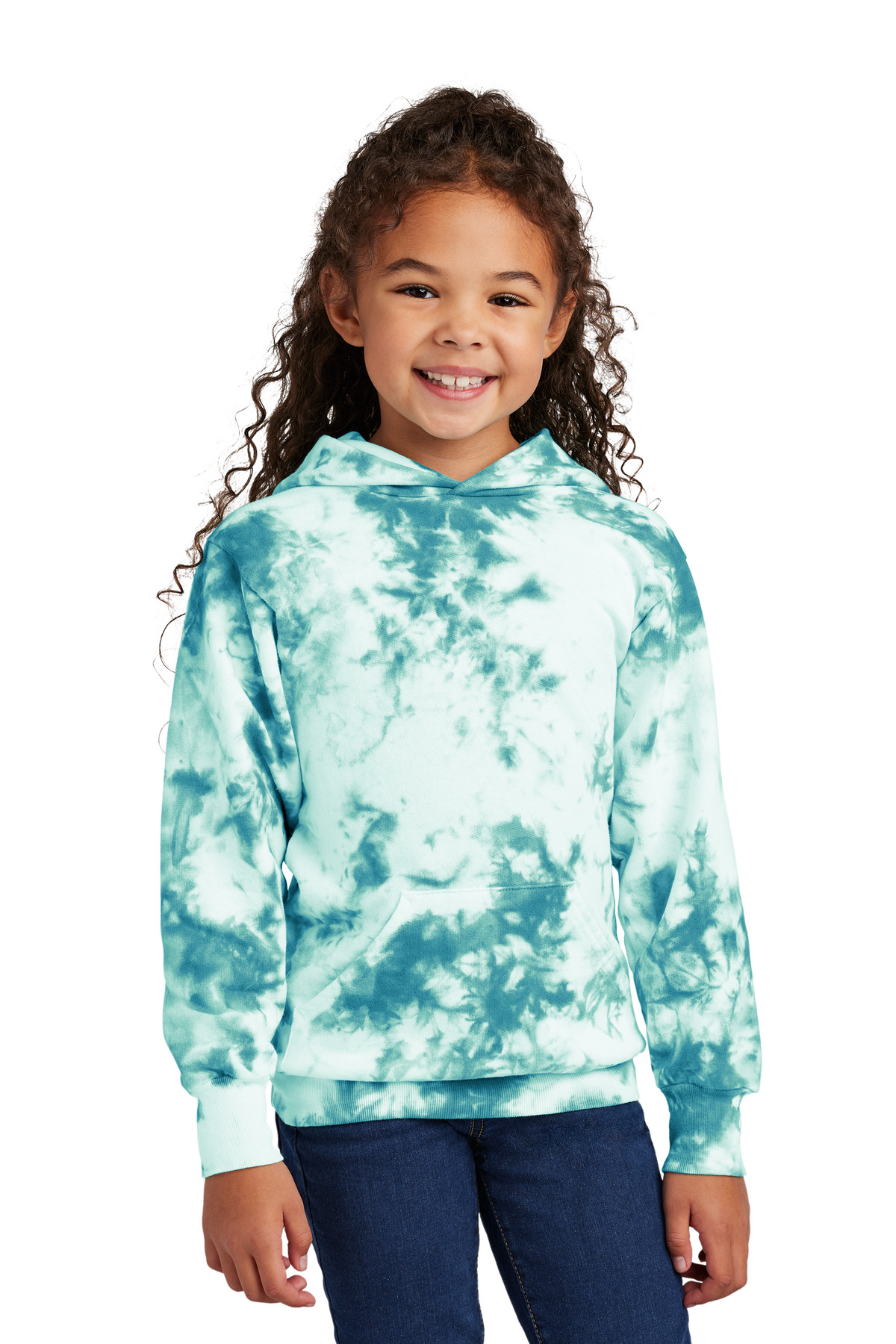 Port & Company PC144Y Youth Crystal Tie-Dye Pullover Hoodie in Teal size XL | 80/20 cotton/Polyester blend
