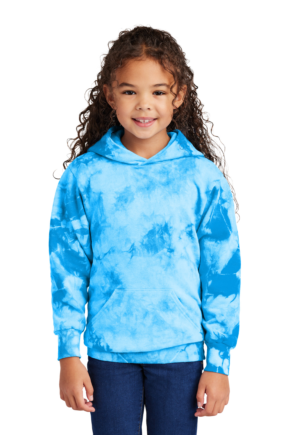 Port & Company PC144Y Youth Crystal Tie-Dye Pullover Hoodie in Sky Blue size Small | 80/20 cotton/Polyester blend