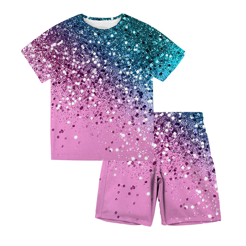 Girls' 3D Gradient Ramp T-shirt Shorts Clothing Set Short Sleeve Summer Spring Active Fashion Cute Polyester Kids 3-13 Years Outdoor Street Sports Regular Fit