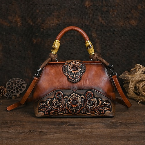 Damen Handtasche Umhängetasche Schultertasche Boston-Tasche PU-Leder Party Täglich Ferien Geprägt Großes Fassungsvermögen Leicht Langlebig Farbblock Blume Folk Dunkelbraun Weinrot Armeegrün