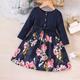 Kleid für Kinder, Mädchen, Blumenmuster, Schnürung, Knopfleiste, Polyester, Langarm, Frühling, Herbst, Rot, Marineblau, Blumenkleid, Freizeitkleid, Swing-Kleid, A-Linien-Kleid, Outdoor, lässig, modisch, süß, täglich, Midi, 3–10 Jahre