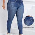 Plus Size Denim Print Solid High Stretch Leggings, Women's Plus High Waist Basic Leggings