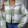 Plaid Teddy Coat, Casual Button Front Long Sleeve Winter Warm Outerwear, Women's Clothing