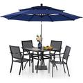 durable VILLA Outdoor 10ft Patio Umbrella Set for 4 with 5 Pieces Dining Table Chairs Metal Outdoor Stackable Wrought Iron Chair Set of 4 & 37 Metal Table 3 Tier Vented Dark Blu