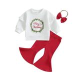 Xkwyshop Christmas-themed Sweatshirt Pants and Headband Set for Baby Girls with Wreath Print