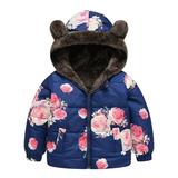 QUYUON Toddler Girl Fleece Jacket Toddler Baby Boys Girls Hoodie Jacket Floral Print Fleece Lined Winter Thick Casual Keep Warm Hooded Coat Jacket Outerwear Baby Down Coat with Hood 18-24 Months
