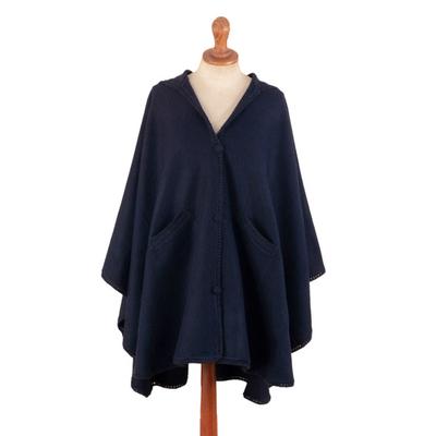 Blue Divine,'Alpaca Blend Blue Cape with Buttons and Pockets from Peru'