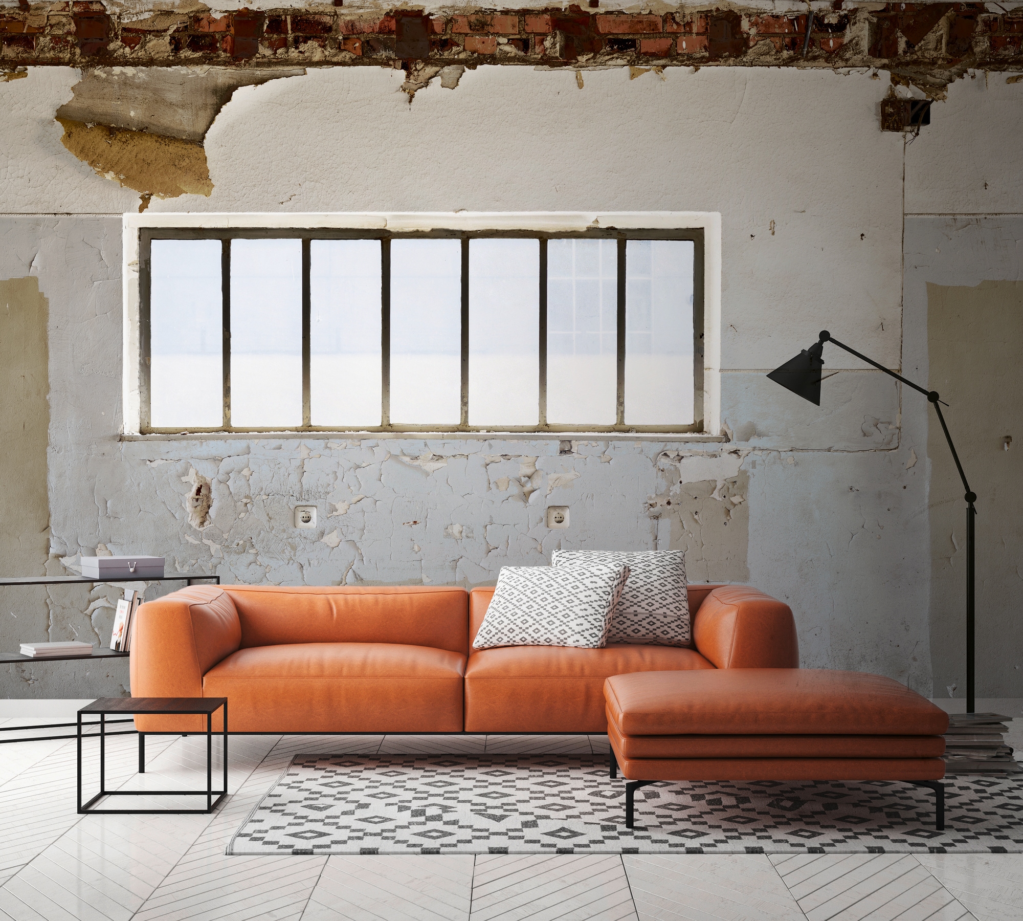 Fototapete LIVING WALLS "Fototapete Industriehalle", beige (beige grau weiß), B:3,71m H:0,01m L:2,8m, Vinyl, Vlies, Tapeten, Tapete Steinoptik Lost Industrial Tapeten Wohnzimmer Schlafzimmer Flur