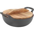 Vinbcorw Wok cast Iron, Frying pan with Flat Base and Wooden lid, Authentic Asian Dishes, cast Iron Stirring pan withstands Direct Heat, Frying Pot,30cm