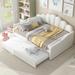 Full Velvet Upholstery Daybed with Trundle Bed, Solid Wood Bed Frame with Shall Shaped Backrest, Wood Slab Support, Beige