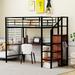 Twin Size Metal Loft Bed with Desk and Metal Grid, Stylish Metal Frame Bed with Lateral Storage Ladder and Wardrobe